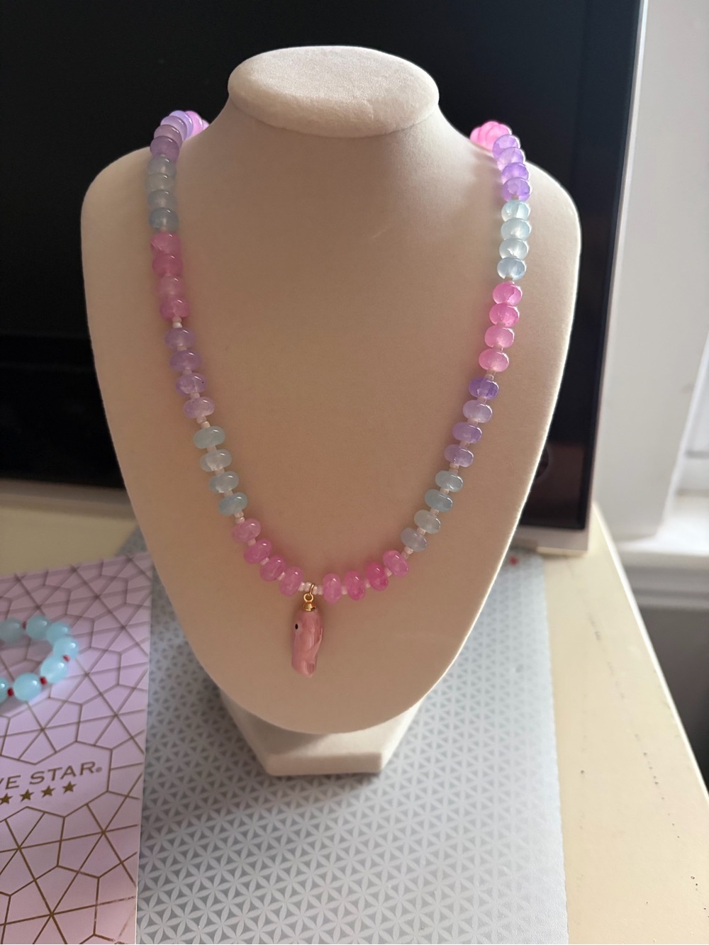 Pastel Pink, Blue & Lavender Beaded Pendant Necklace